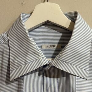 Pal Zileri Italy Men Sz 17 Elegant Cufflinks Light Blue Striped Dress Shirt